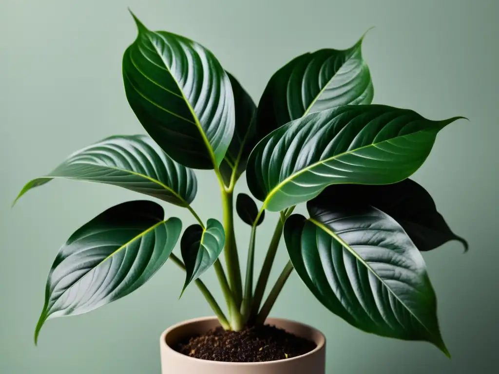 Imagen detallada de una planta de interior saludable con hojas vibrantes y red de venas, en una maceta moderna