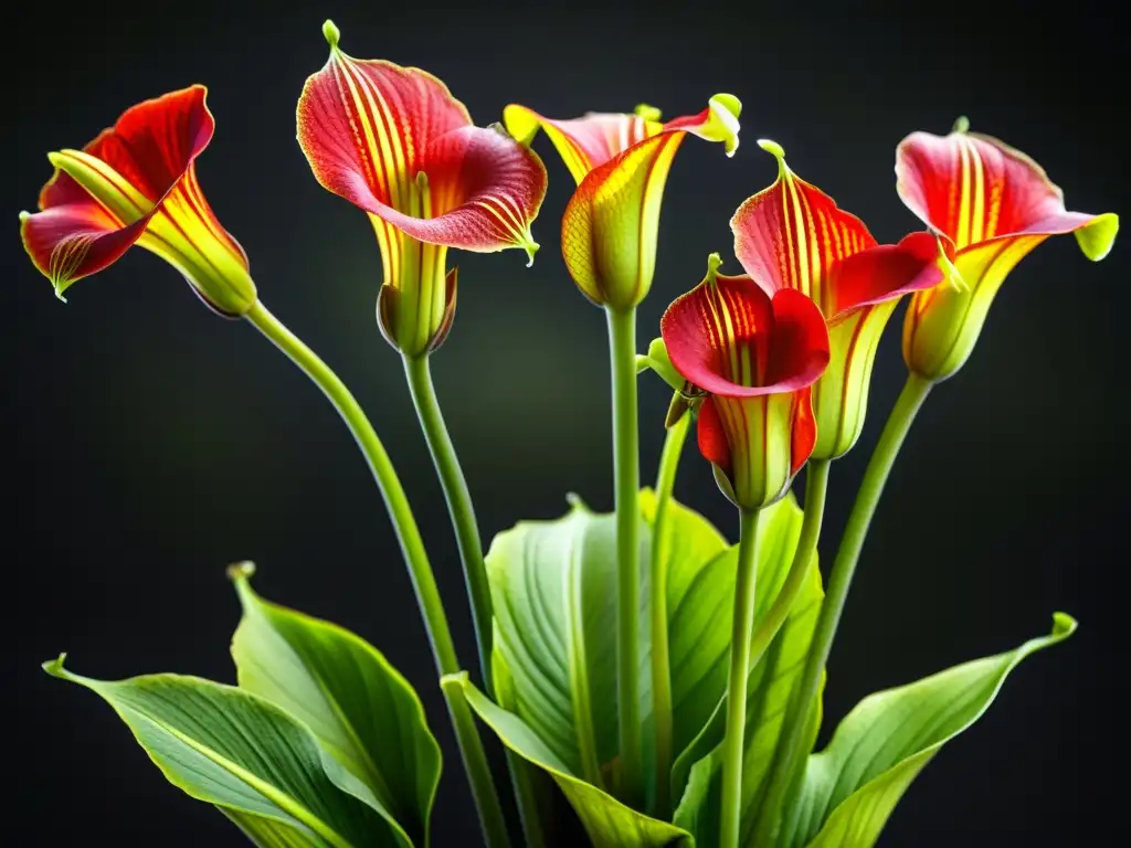 Una imagen detallada de una planta Sarracenia roja con hojas en forma de jarra, mostrando venas intrincadas y un interior brillante y pegajoso diseñado para atrapar insectos