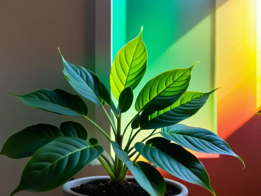 Una imagen detallada muestra una planta de interior verde vibrante iluminada por la luz del sol, resaltando el efecto del color de la luz en plantas