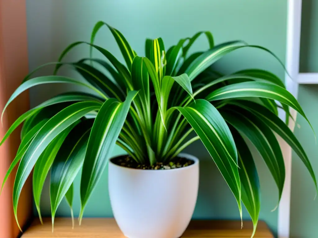 Imagen detallada de una planta araña verde vibrante en maceta blanca