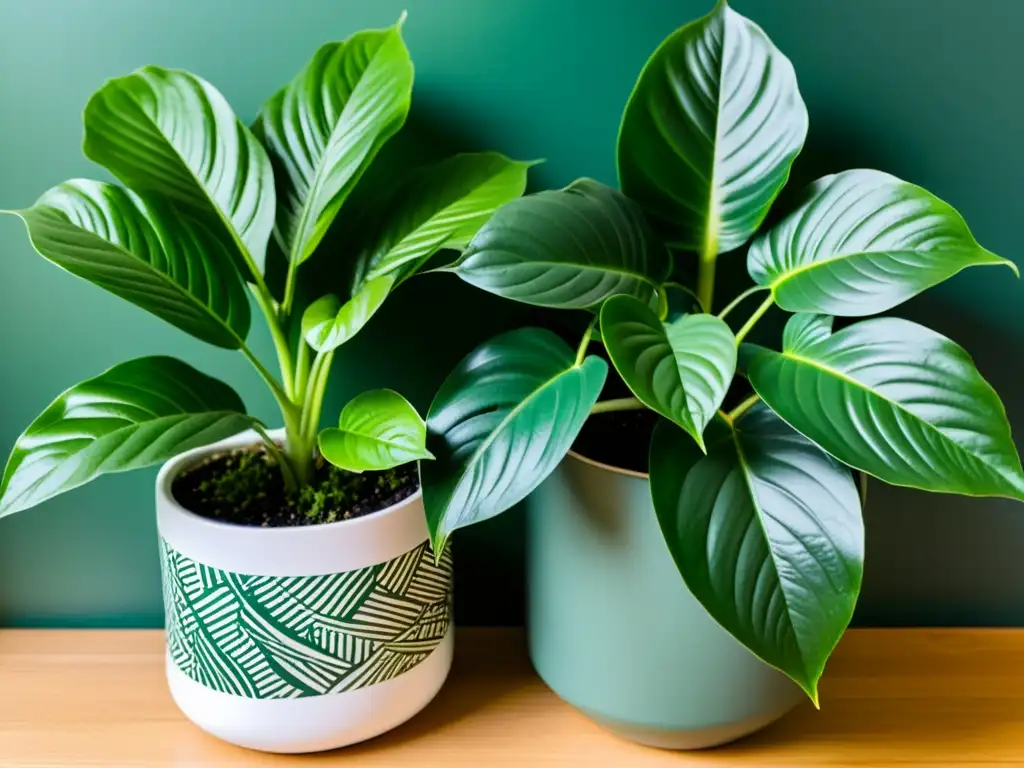 Imagen detallada de dos plantas de interior verdes entrelazadas en macetas modernas, bañadas por luz natural