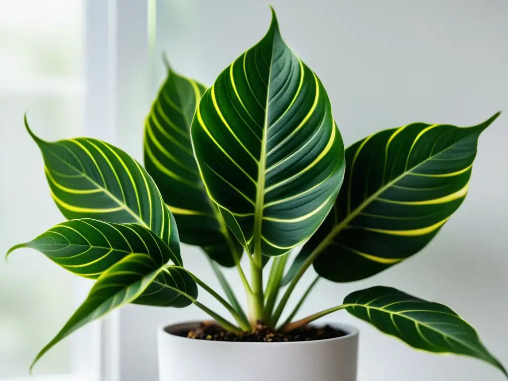 Una imagen detallada en primer plano de una exuberante planta de interior con patrones delicados en sus hojas, bañada en luz natural suave