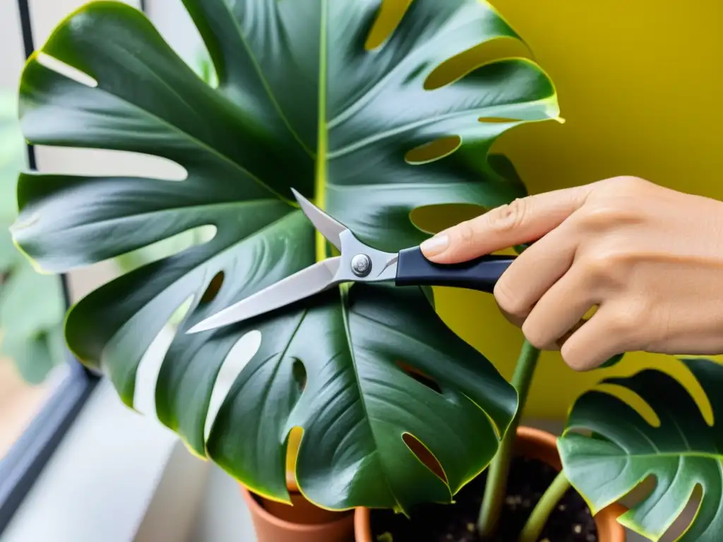 Una imagen detallada de tijeras de podar cortando hojas amarillentas de una exuberante planta monstera en maceta