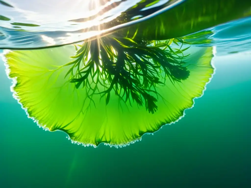 Imagen detallada de alga marina verde vibrante en agua cristalina, evocando tranquilidad y resaltando su belleza natural