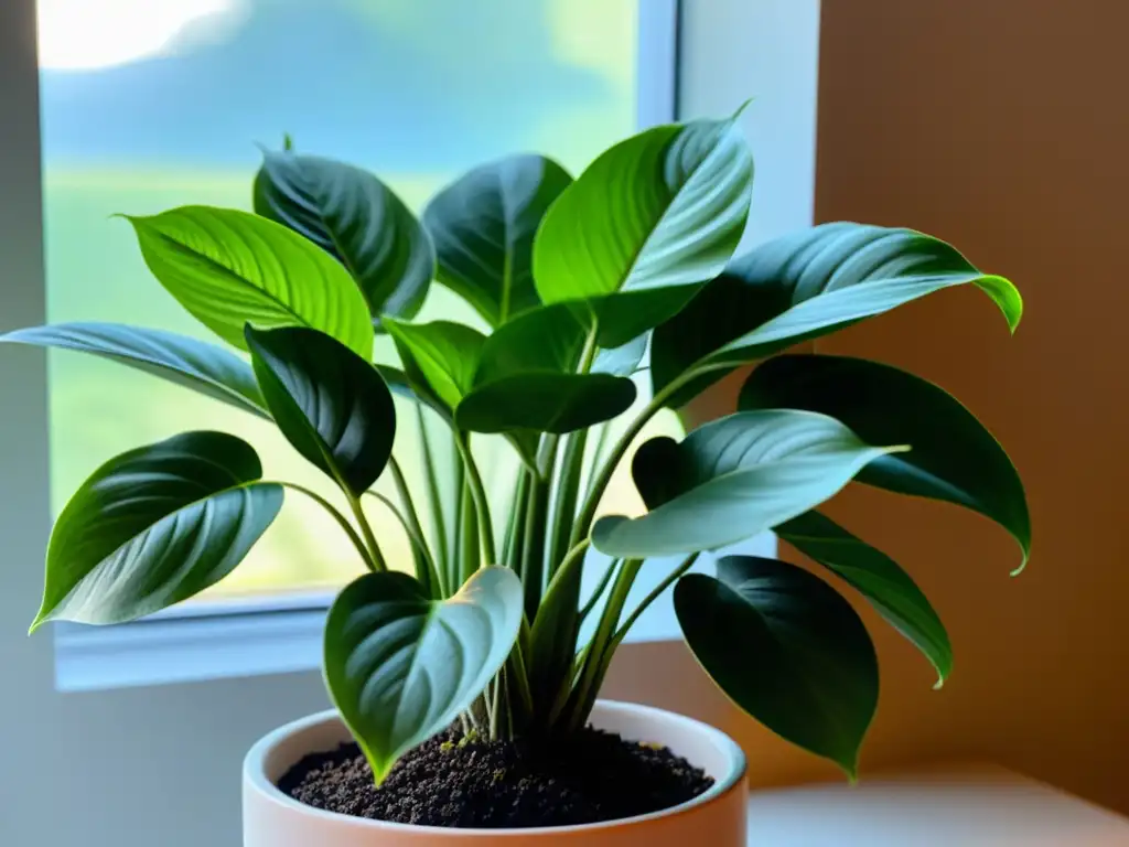 Una imagen detallada y vibrante de una planta de interior próspera en una maceta ecológica y moderna