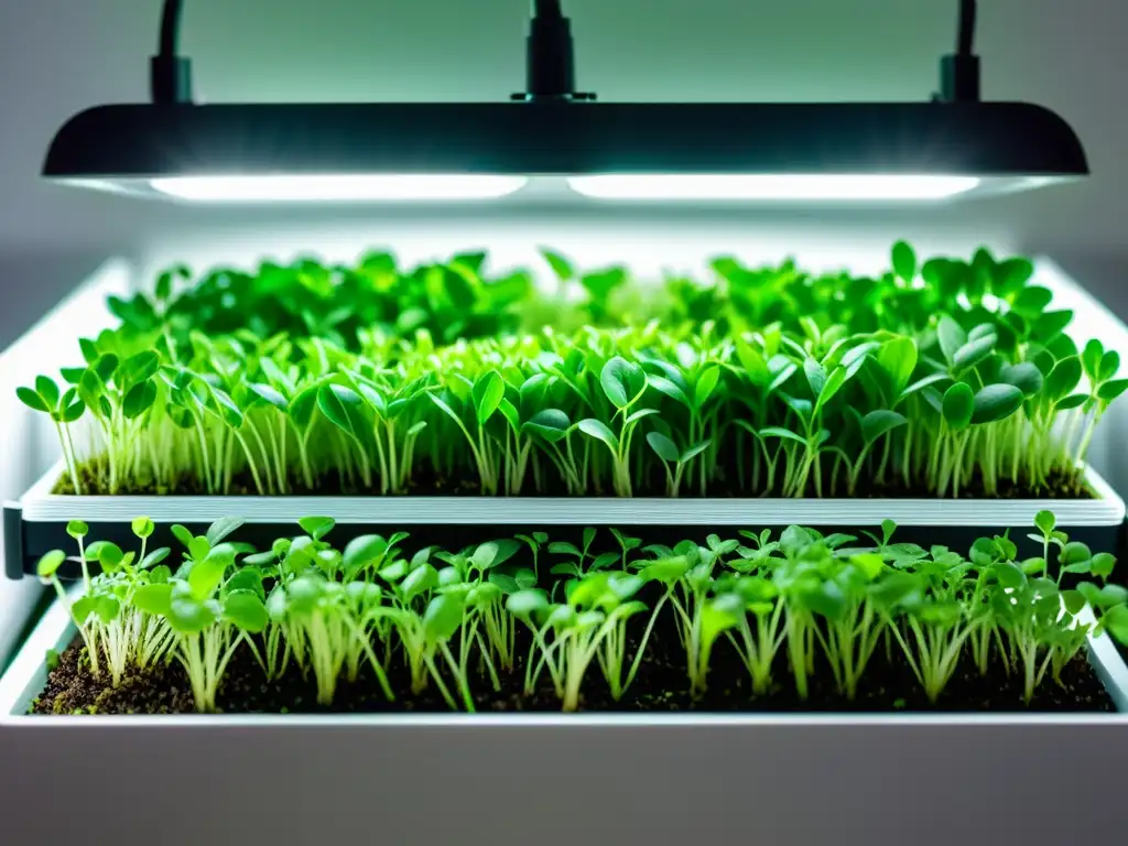 Microverdes vibrantes bajo luces LED Una imagen detallada de microgreens vibrantes cultivados en interiores bajo luces LED, mostrando una red de hojas diminutas con gradientes de verde