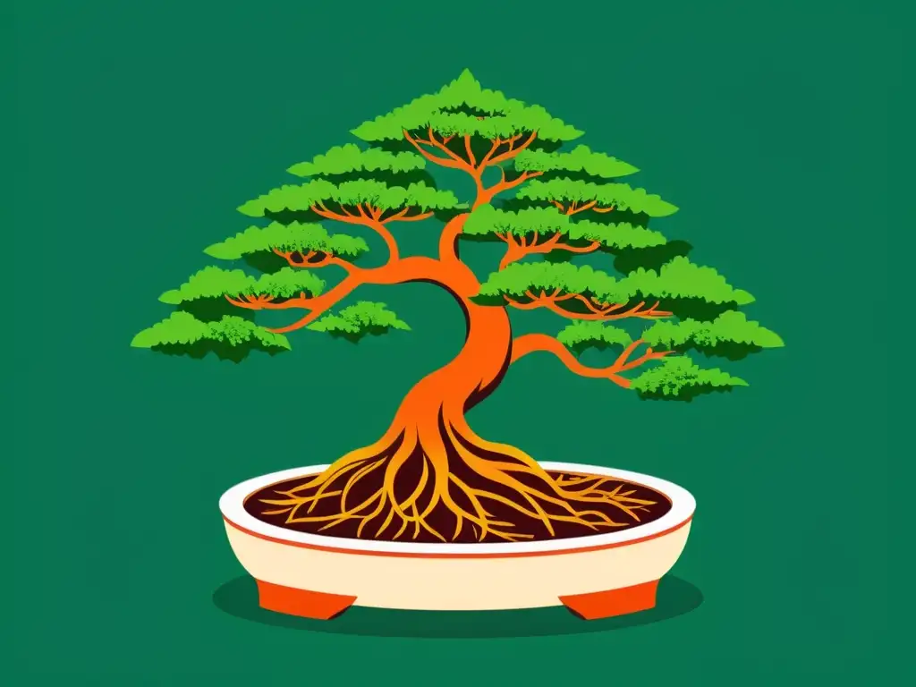 Detalle de bonsái: cuidado meticuloso y protección Imagen de un detallado y minimalista dibujo de un sereno árbol bonsái rodeado por una barrera protectora, mostrando la meticulosa prevención y tratamiento de plagas en bonsáis