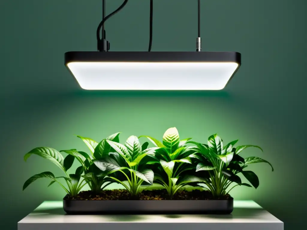 Una imagen de eficiencia energética en iluminación interior de plantas con un moderno foco LED iluminando un exuberante jardín interior