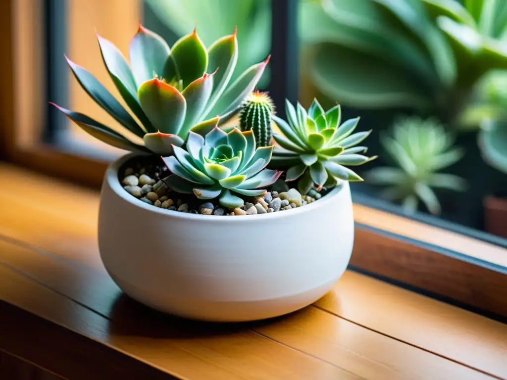 Una imagen de un elegante macetero blanco con suculentas y cactus vibrantes, bañados por suave luz natural