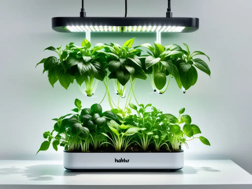 Una imagen de un elegante sistema hidropónico moderno con plantas de interior prósperas