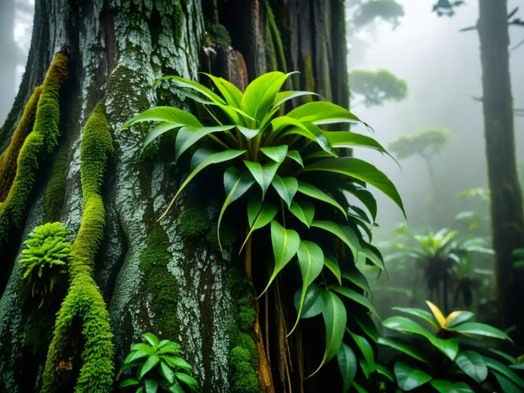 Imagen de una épica epífita verde enredada en un árbol en un denso bosque nublado