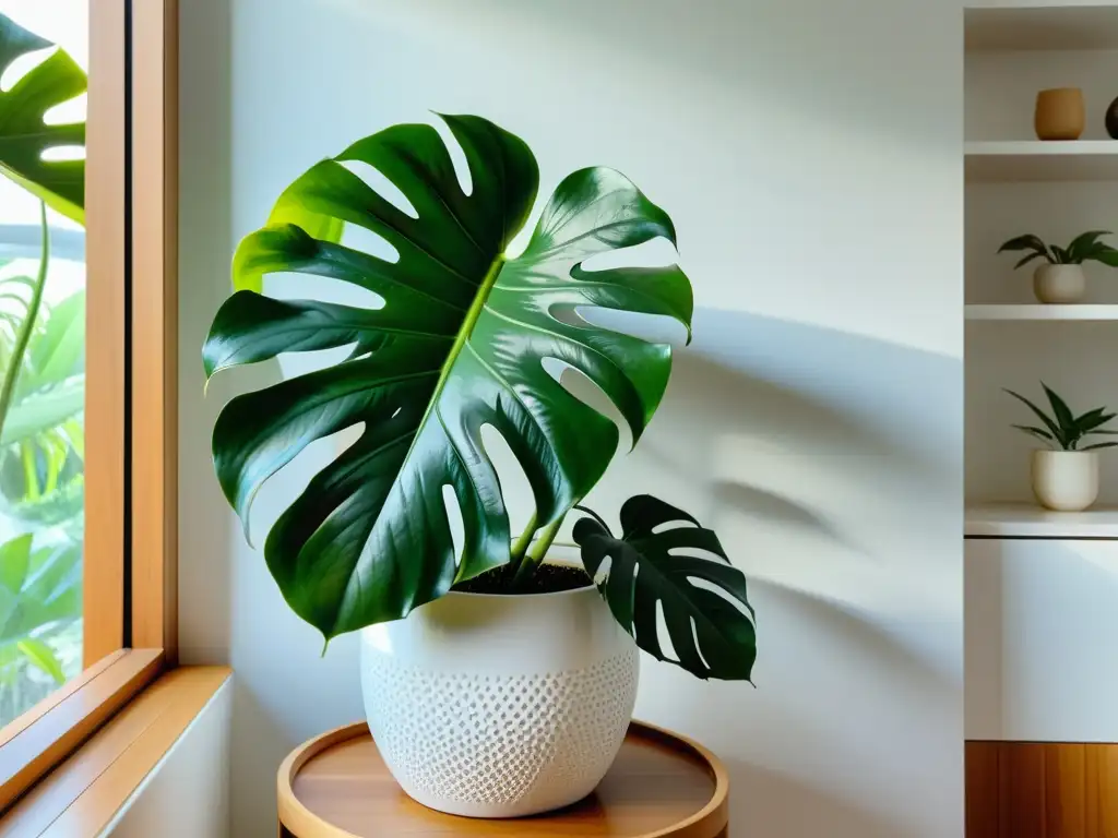 Imagen 8k de un espacio interior sereno con una exuberante planta de monstera, destacando su significado espiritual en la decoración de interiores