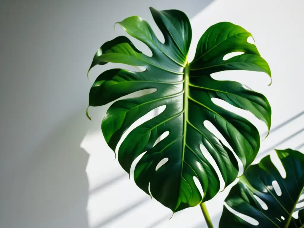 'Imagen de alta resolución de una exuberante y elegante planta Monstera deliciosa en un fondo blanco minimalista, destacando el cuidado de plantas de interior en el hogar