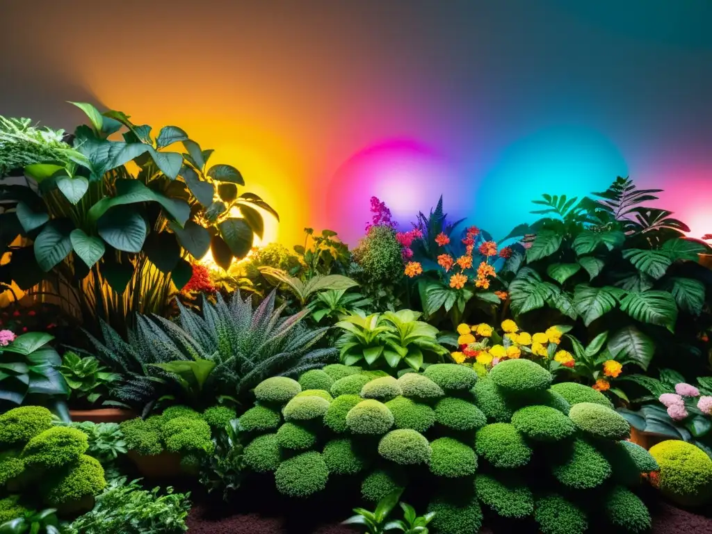 Imagen de un exuberante jardín interior iluminado por un espectro de luz para plantas, creando un ambiente sereno y vibrante