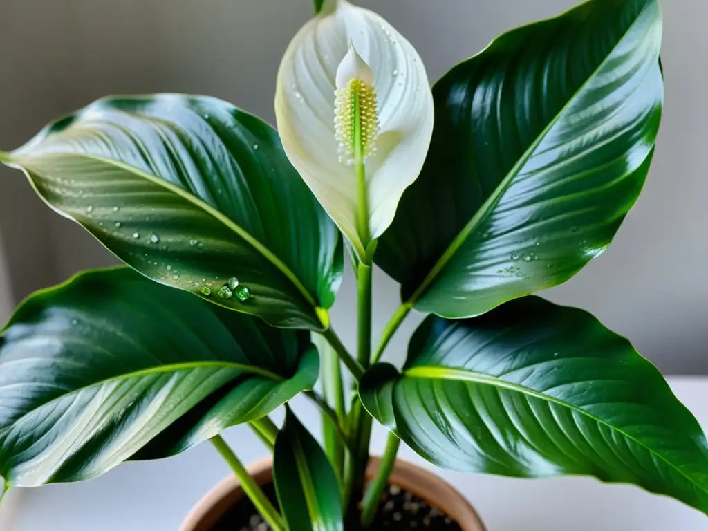 La imagen muestra una exuberante planta de interior con hojas brillantes y flores blancas delicadas en una elegante maceta