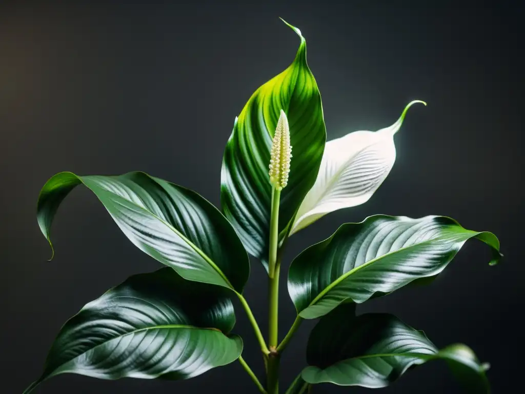 Detalle exquisito de lirio de la paz verde en interior Imagen de una exuberante planta de lirio de la paz en un interior con poca luz, destacando su resistencia