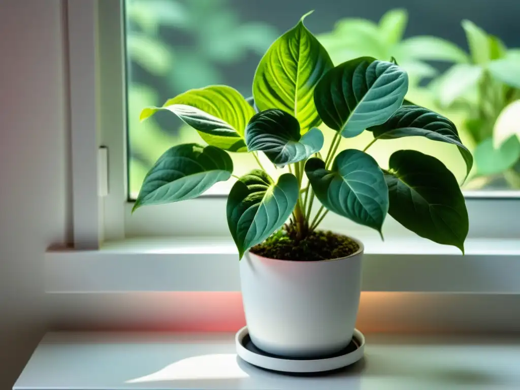 Una imagen de la exuberante planta Syngonium Podophyllum en un soporte blanco, iluminada por la suave luz natural, creando una atmósfera serena