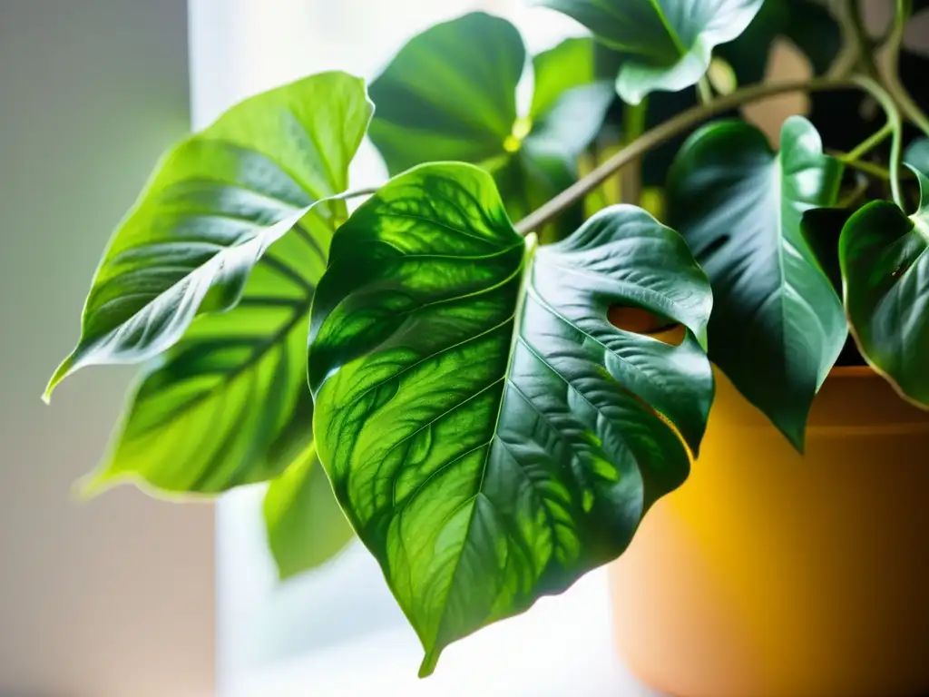 Imagen de un exuberante y vibrante pothos en una composición minimalista, evocando calma y conexión con la naturaleza