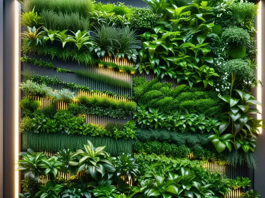 Una imagen fascinante de un jardín vertical con sistemas automatizados para el cuidado de plantas en espacios verticales