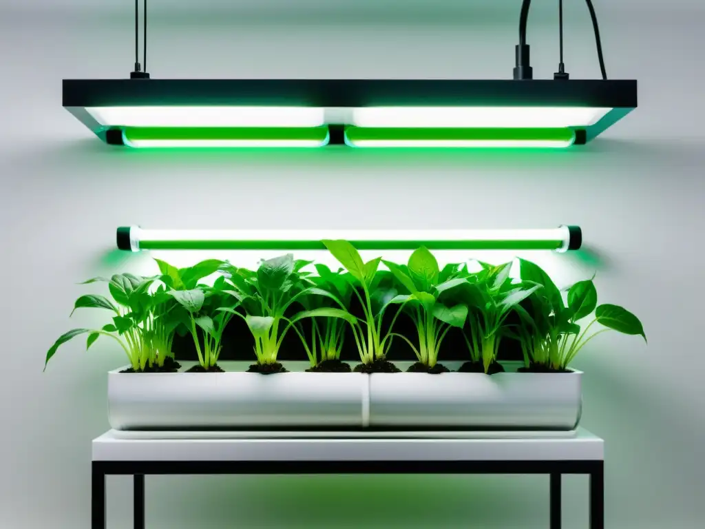 Una imagen futurista de un jardín hidropónico interior, simétrico y elegante, con plantas exuberantes