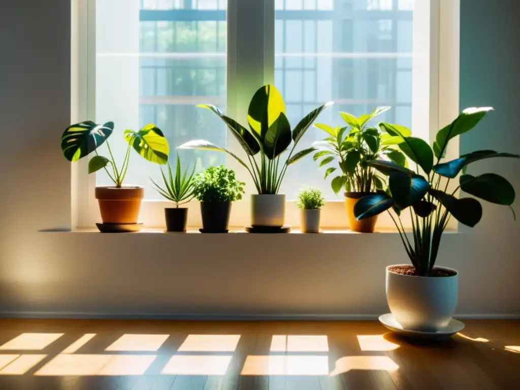 Imagen de alta resolución de una habitación soleada con plantas estratégicamente ubicadas para recibir luz natural