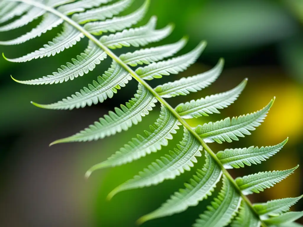 Imagen de un helecho verde vibrante desplegándose, con gotas de agua, reflejando su entorno