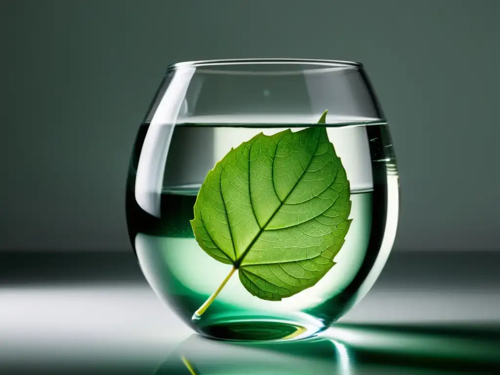 Una imagen de una hoja verde vibrante flotando en un jarrón de vidrio con agua clara, creando una atmósfera minimalista