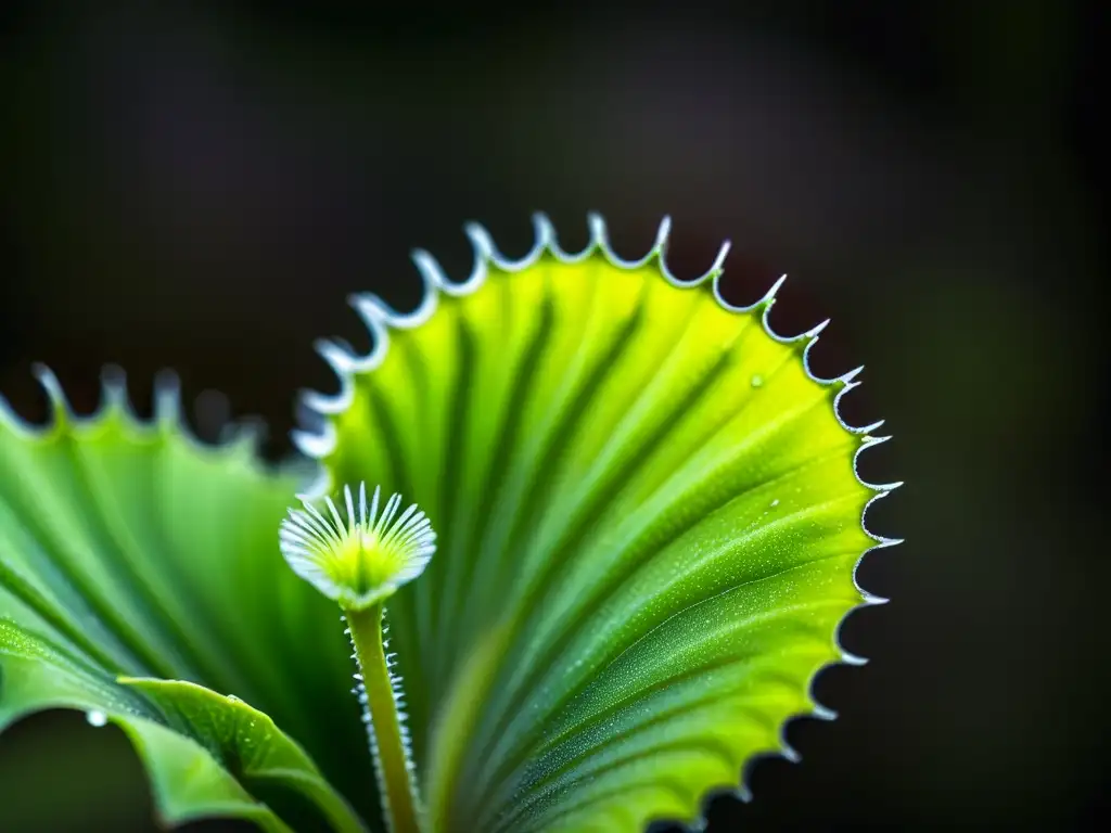 Imagen impactante de una Venus atrapamoscas verde con rocío en sus bordes, en un ambiente misterioso