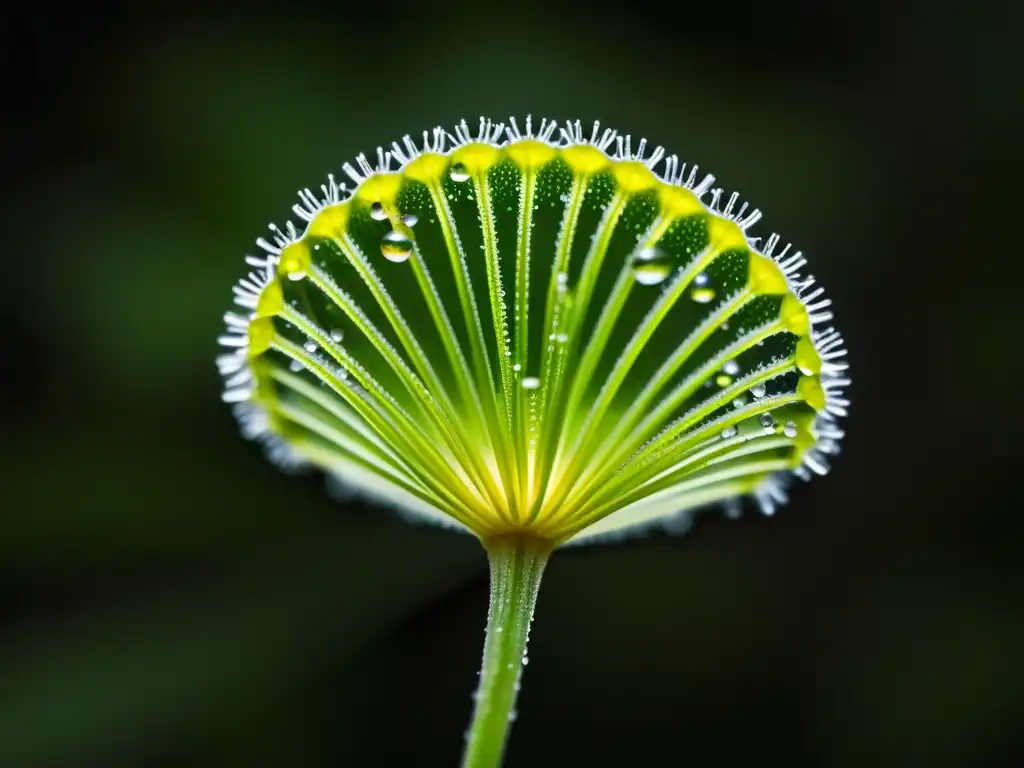 Imagen impactante de una planta de rocío del sol verde vibrante en un entorno oscuro, destacando su naturaleza carnívora