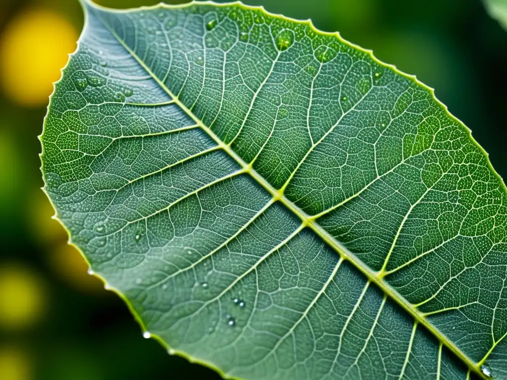 Una imagen de la intrincada red de venas y células en una hoja, iluminada por luz natural