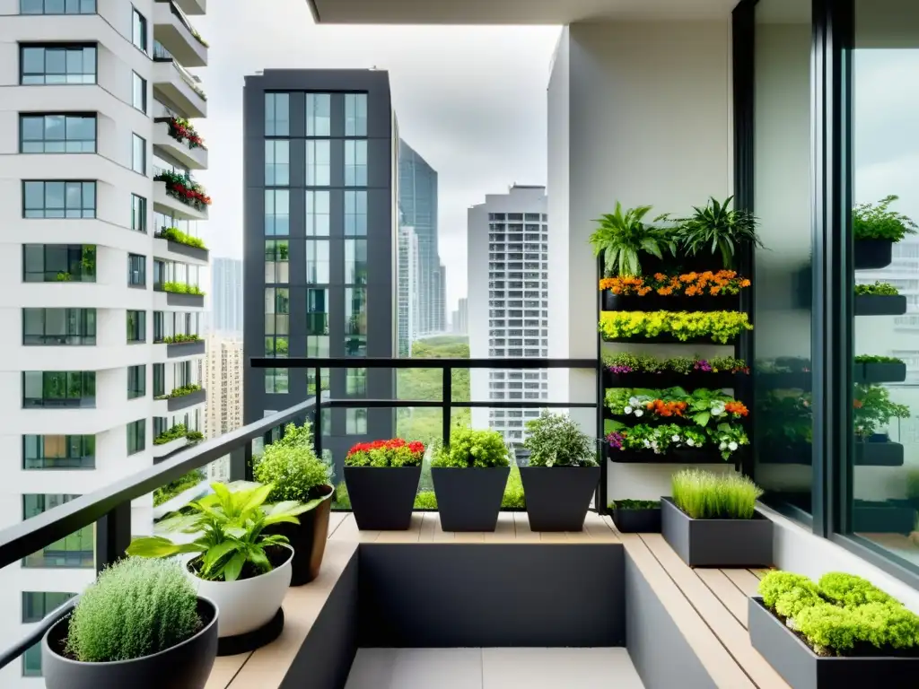 Imagen de jardinería en balcones altos con plantas bien organizadas, exudando serenidad urbana y belleza natural en un espacio mínimo