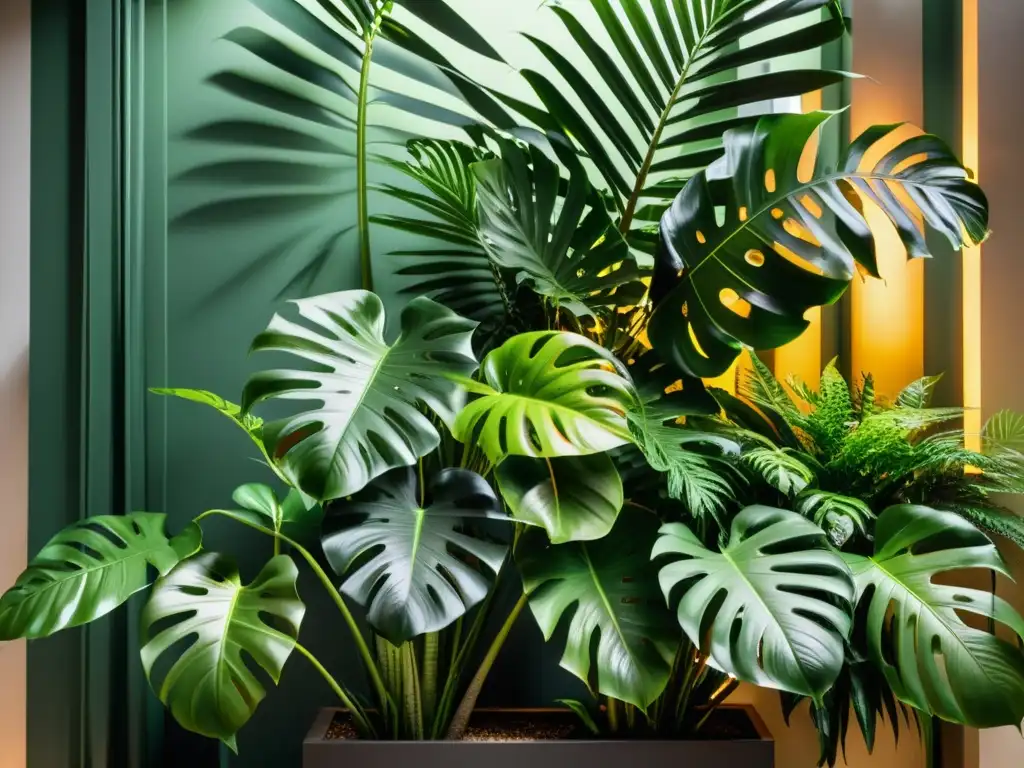 Imagen de microclima ideal para plantas tropicales en un exuberante jardín interior con plantas tropicales vibrantes en modernos maceteros