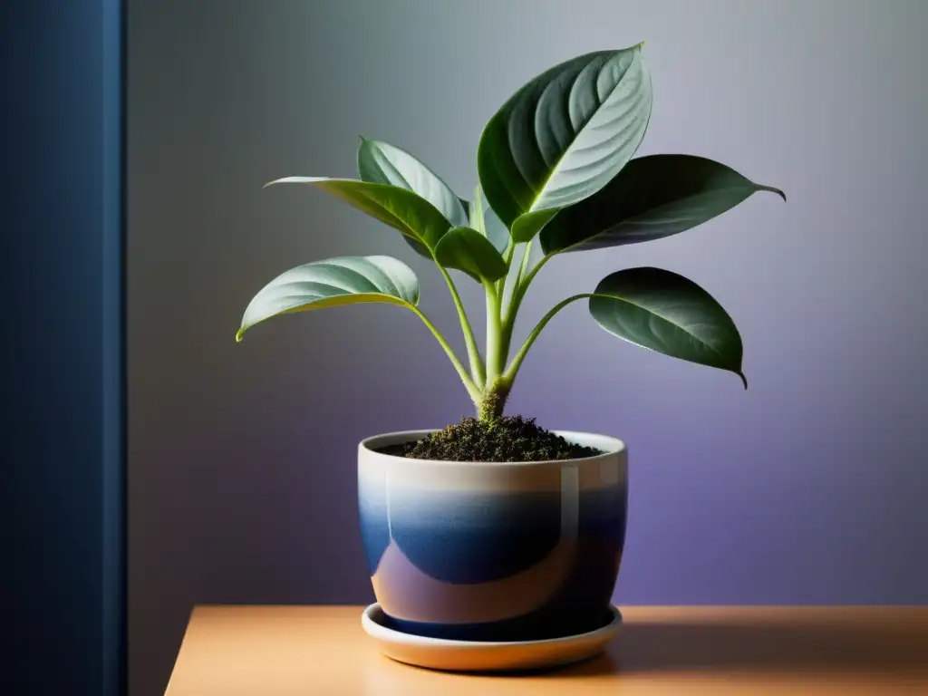 Una imagen minimalista de una planta de interior iluminada con suave luz artificial, en tonos de índigo y lavanda