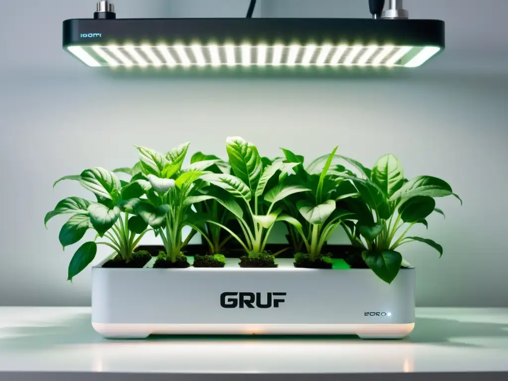 Una imagen moderna de un sistema hidropónico de interior, con plantas exuberantes bajo luces LED, reflejando sofisticación y tecnología avanzada