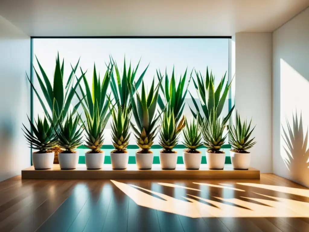 Imagen de un moderno jardín interior con cultivo de aloe vera en casa, en macetas blancas en un ambiente elegante y relajante con luz natural