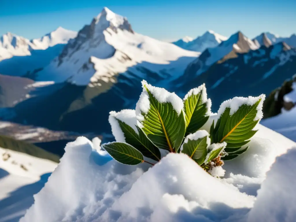 Imagen de montaña nevada con flora alpina, cuidado plantas exóticas interior resisten nieve