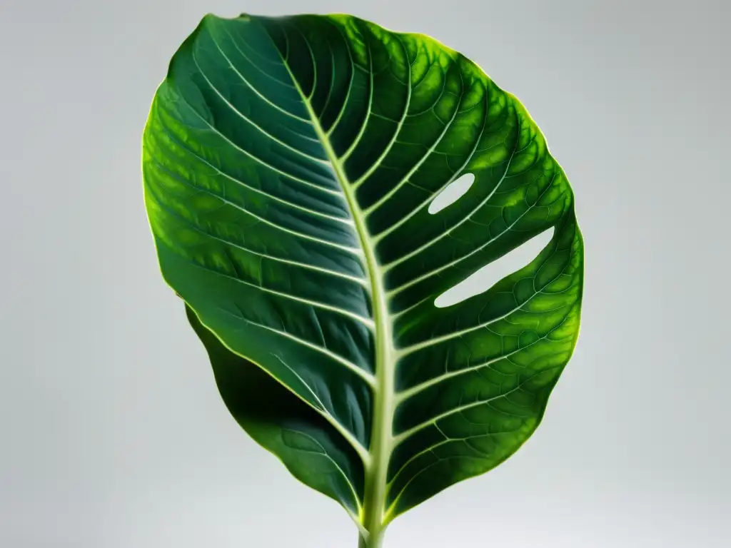 Imagen de alta resolución de una planta Alocasia con hojas verdes y venas blancas, en un fondo blanco