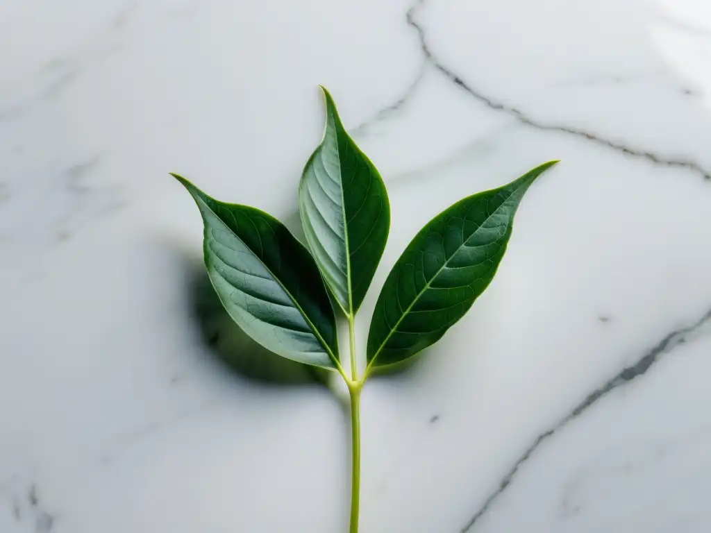 Una imagen de la planta Espada de San Jorge sobre mármol blanco, con hojas verdes y elegantes