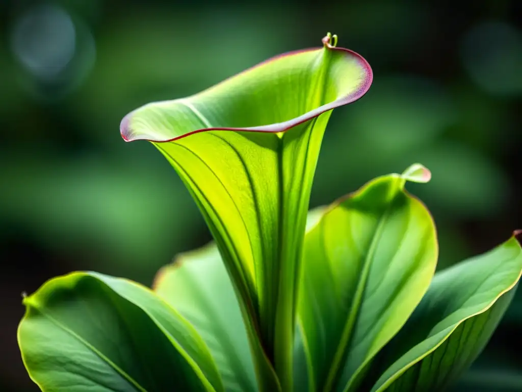 Una imagen en 8k de una planta carnívora exuberante, iluminada suavemente, mostrando sus detalles y belleza única