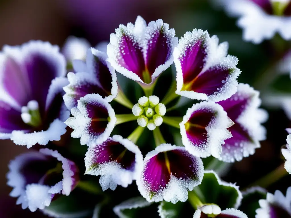 Imagen de una planta exótica resistente a la nieve, con pétalos violeta cubiertos de copos de nieve brillantes