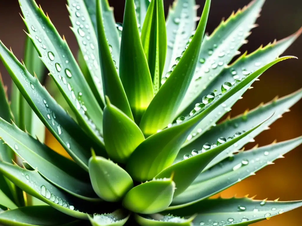 Imagen de planta de aloe vera con hojas carnosas y gotas de agua brillantes