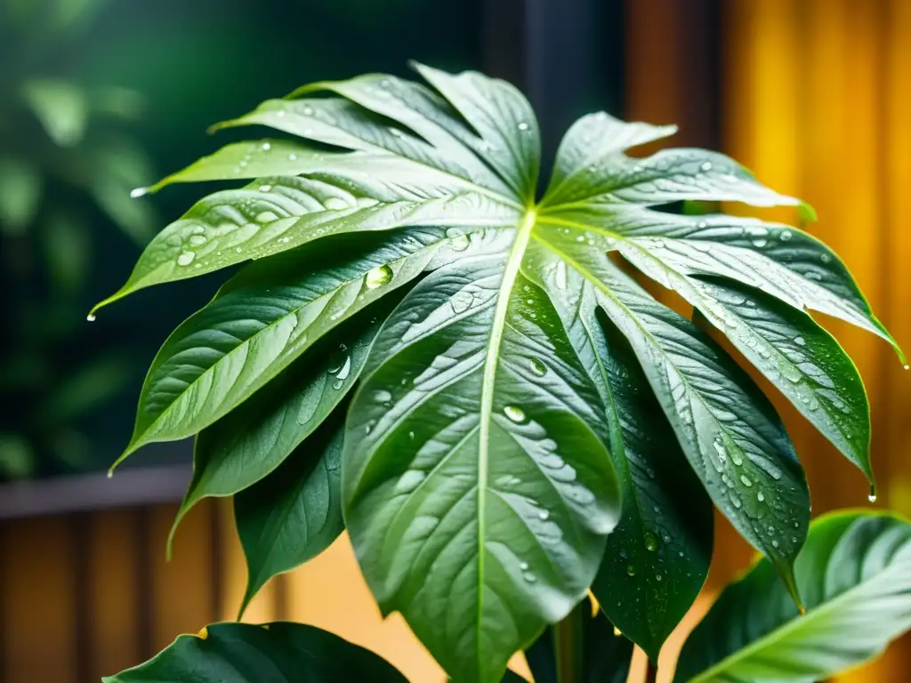 Imagen de planta de interior exuberante con gotas de agua brillando en sus hojas