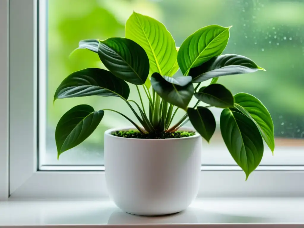 Imagen de planta interior exuberante en maceta blanca, iluminada por luz natural, evocando calma y 'Riego sostenible plantas interior'