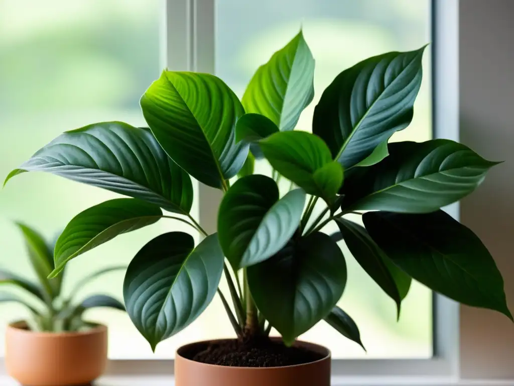 Imagen de planta de interior exuberante y delicada cerca de la ventana, iluminada por luz natural