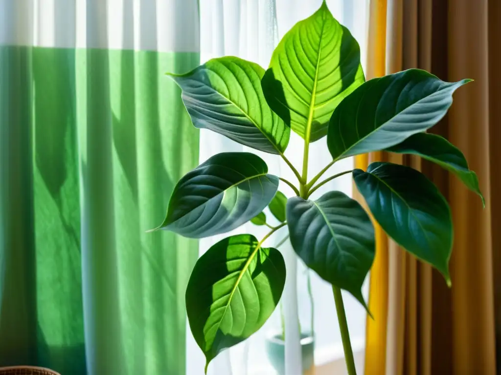 Imagen de una planta de interior con hojas exuberantes y saludables, bañadas por la suave luz solar filtrada a través de una cortina