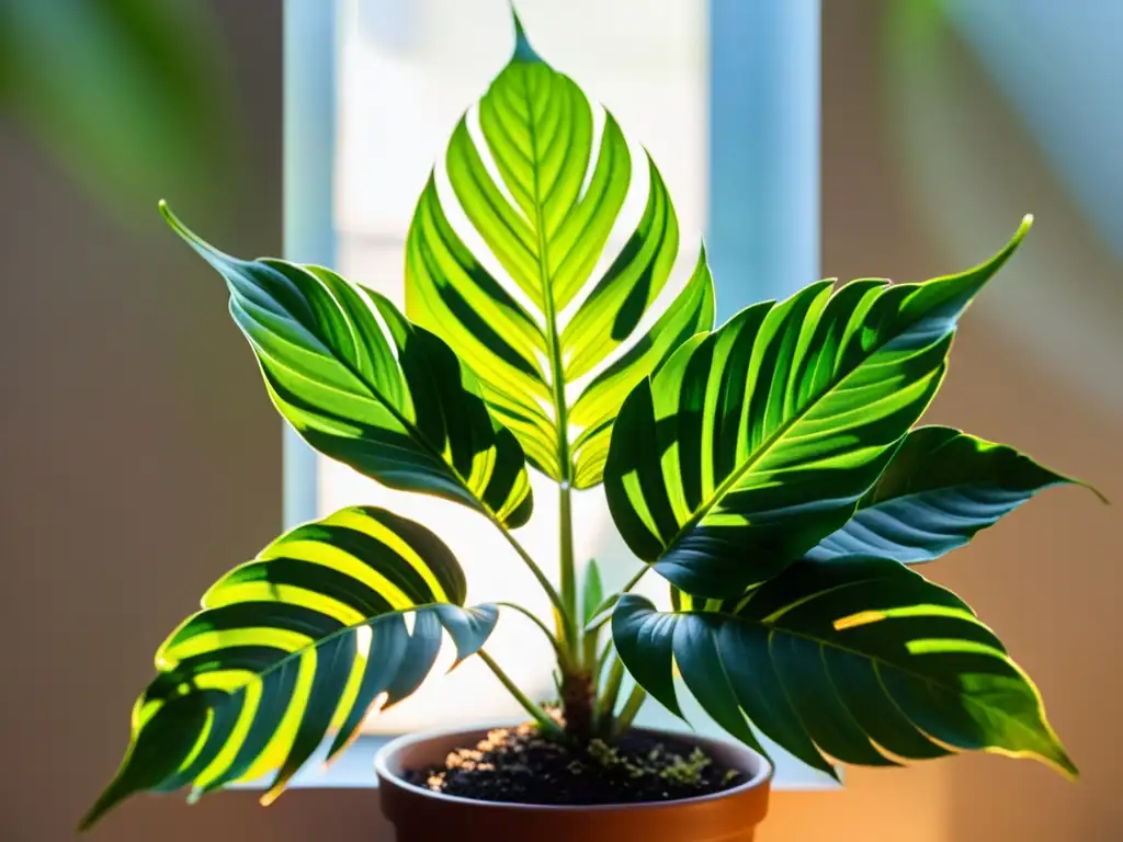 Imagen de planta de interior con hojas vibrantes que capturan el movimiento natural, creando una atmósfera tranquila y hermosa