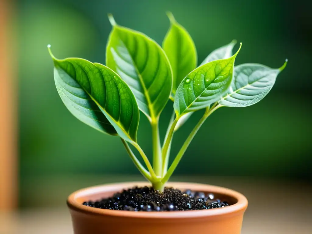 Imagen de planta de interior con hojas verdes vibrantes y gotas de agua, mostrando el éxito de los fungicidas caseros