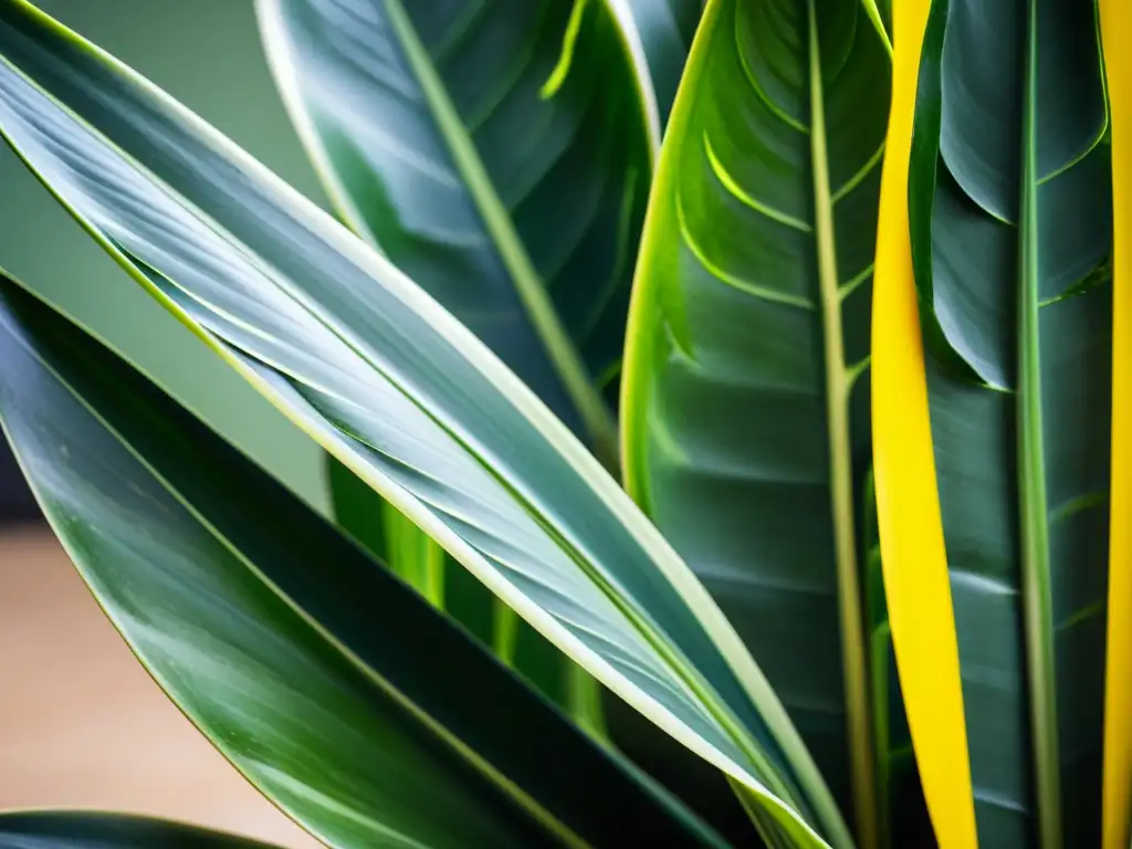 Imagen de planta de interior poca luz: Sansevieria trifasciata con hojas verdes y amarillas, iluminadas suavemente por la ventana