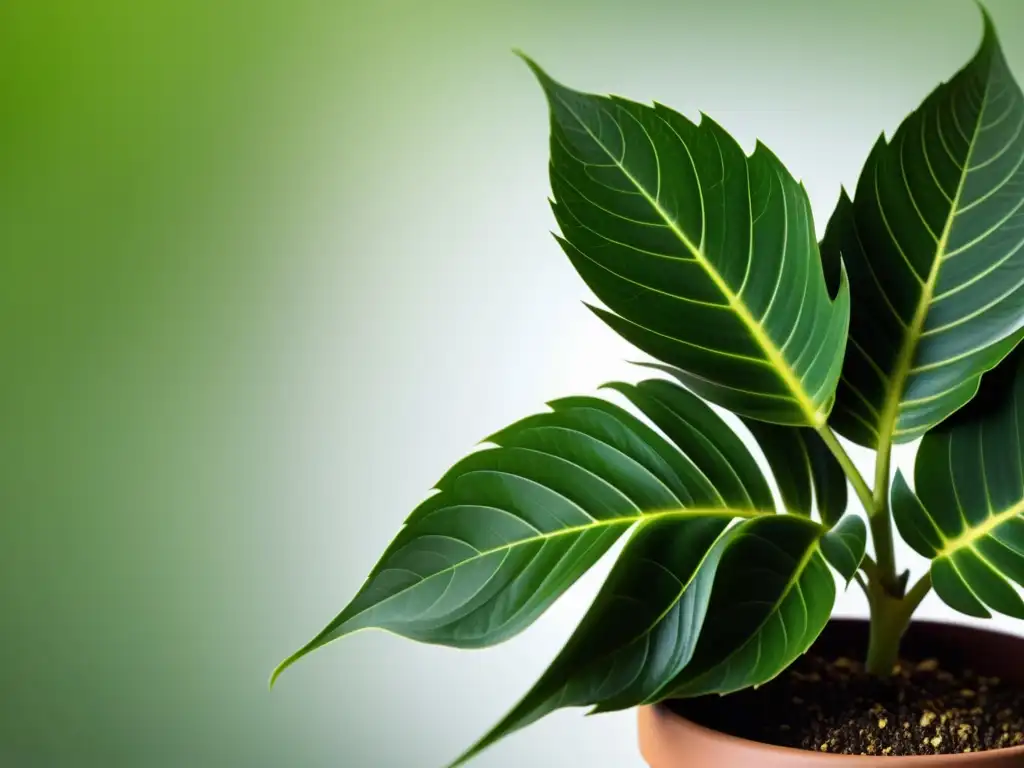 Imagen de planta de interior sana con hojas verdes vibrantes y detalle de la estructura