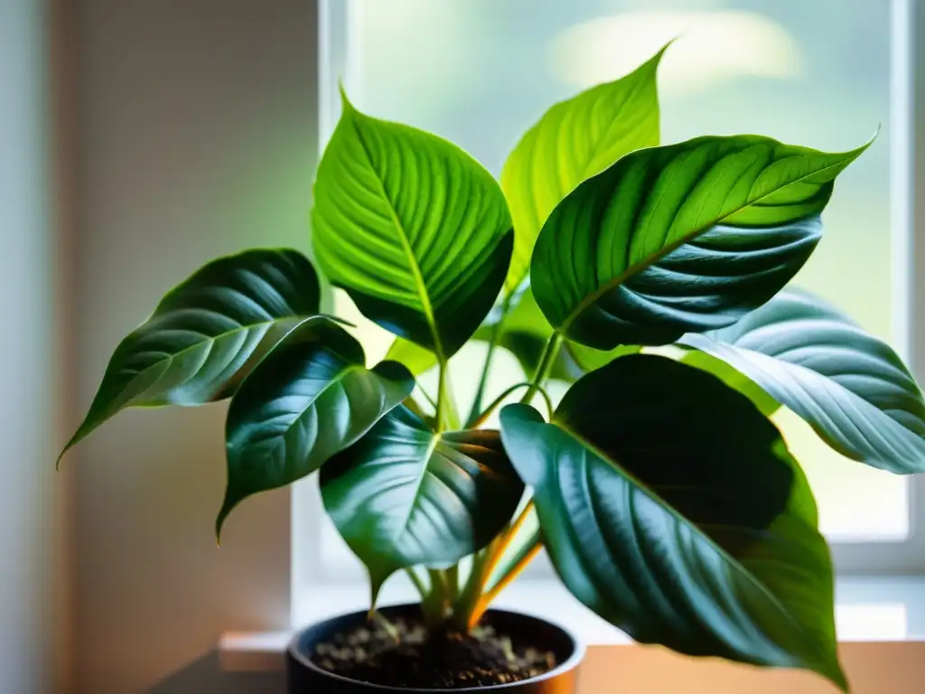 Imagen de planta de interior verde iluminada por luz natural, evocando serenidad y crecimiento